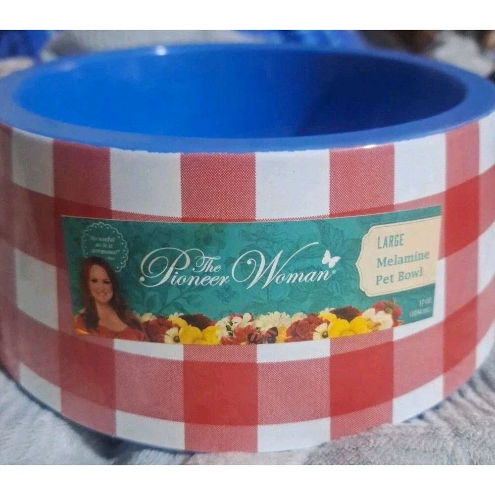 Pioneer Woman Large Pet Bowl Melamine Red Check USED W/ Small Crack